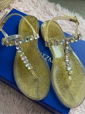 Stuart Weitzman Gold Glitter Jeweled T-Strap Sandals
